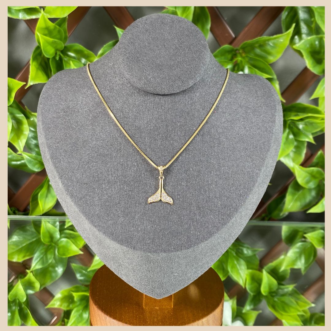 18k necklace, whale tail pendant With Zirconia