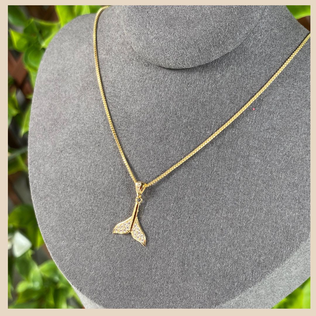 18k necklace, whale tail pendant With Zirconia