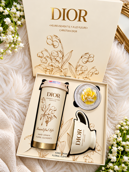 Luxury Dior Gift Set – Thermal Tumbler, Cup & Decorative Flower