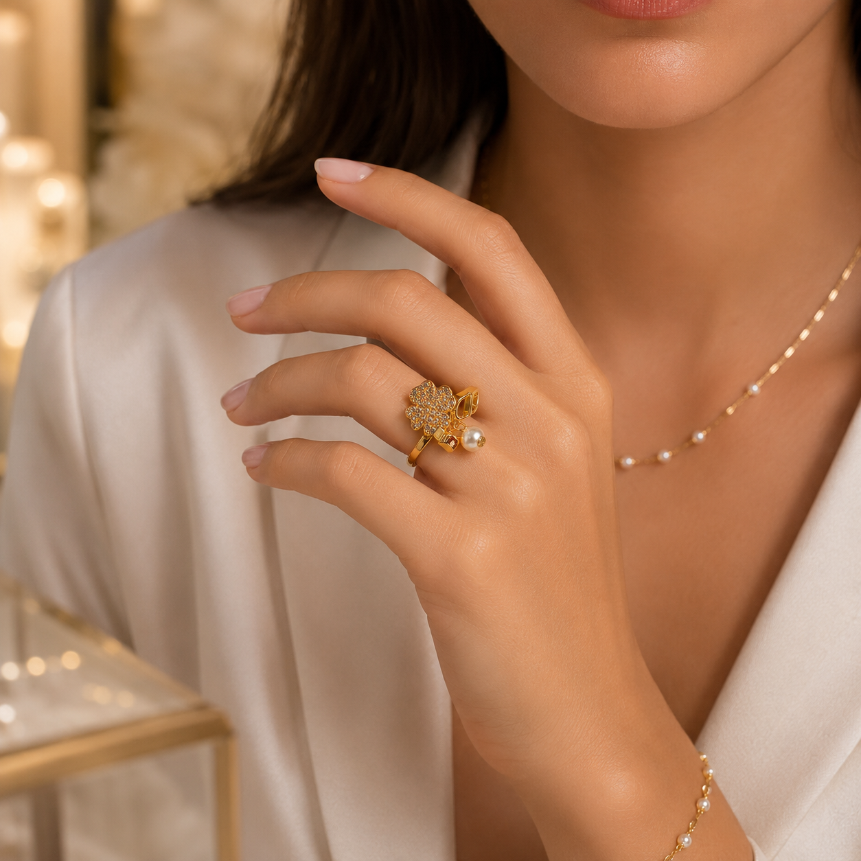18K Gold-Plated Zirconia Ring for Women – Elegant Adjustable Statement Ring