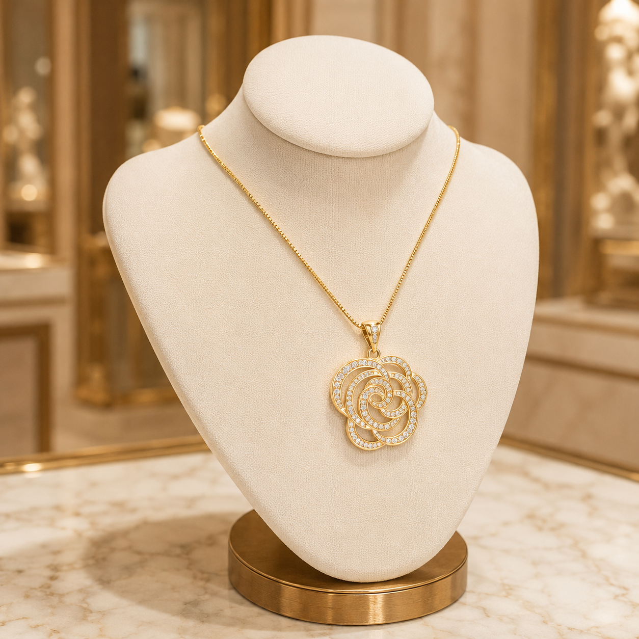 Women’s Camellia Flower Pendant Necklace – 18K Gold-Plated with Sparkling Zirconia Stones | Elegant Floral Jewelry