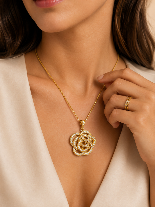 Women’s Camellia Flower Pendant Necklace – 18K Gold-Plated with Sparkling Zirconia Stones | Elegant Floral Jewelry