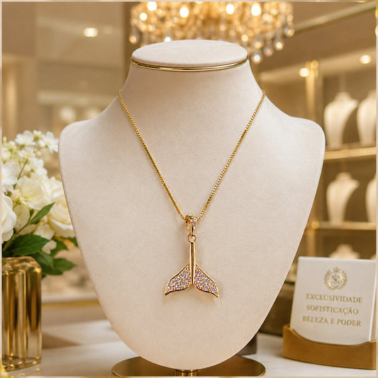 18K Gold-Plated Whale Tail Necklace with Zirconia – Elegant Ocean-Inspired Pen