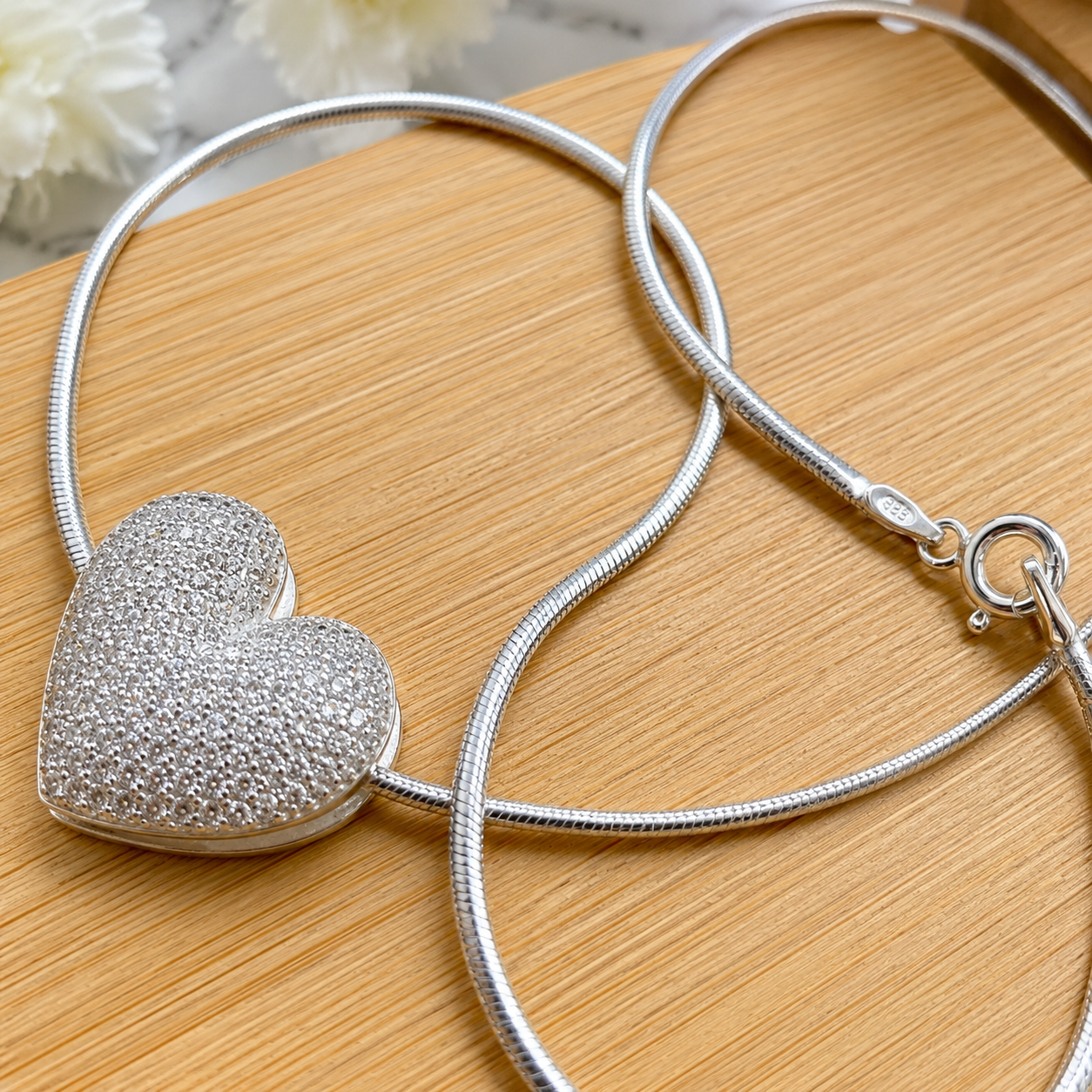 925 Sterling Silver Heart Choker Necklace for Women – Elegant Sparkling Heart
