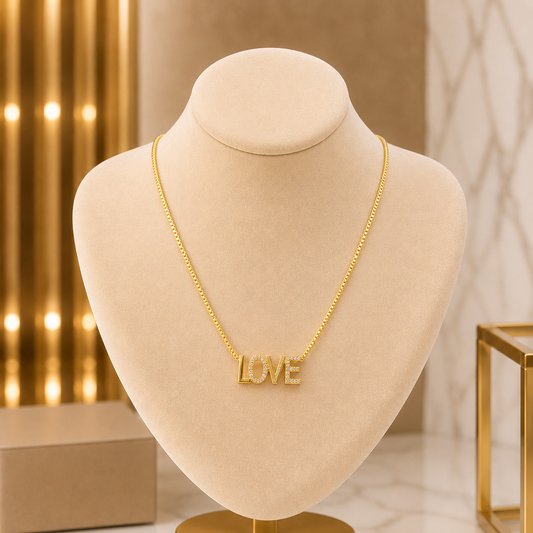 18K Gold-Plated LOVE Necklace – Elegant Crystal Letter Pendant for Women
