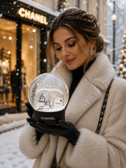 Chanel Double C Winter Snow Globe – Luxury Decorative Collectible Featuring Miniature Shopping Bags