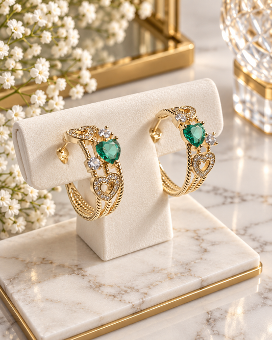Luxury 18K Gold Plated Hoop Earrings with Emerald Green Heart Crystals – Elegant Sparkling Heart Design, Women's Jewellery, Gift for Her