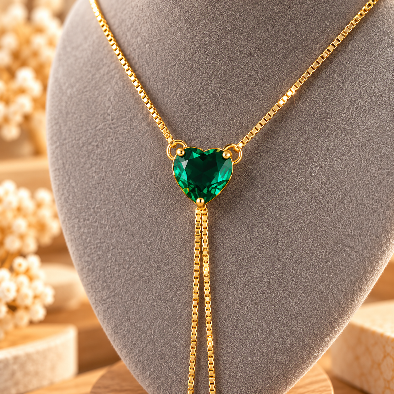 18K Gold Plated Green Heart Necklace – Emerald Green Crystal Y Lariat Necklace, Elegant Long Drop Pendant Jewellery, Gift for Her