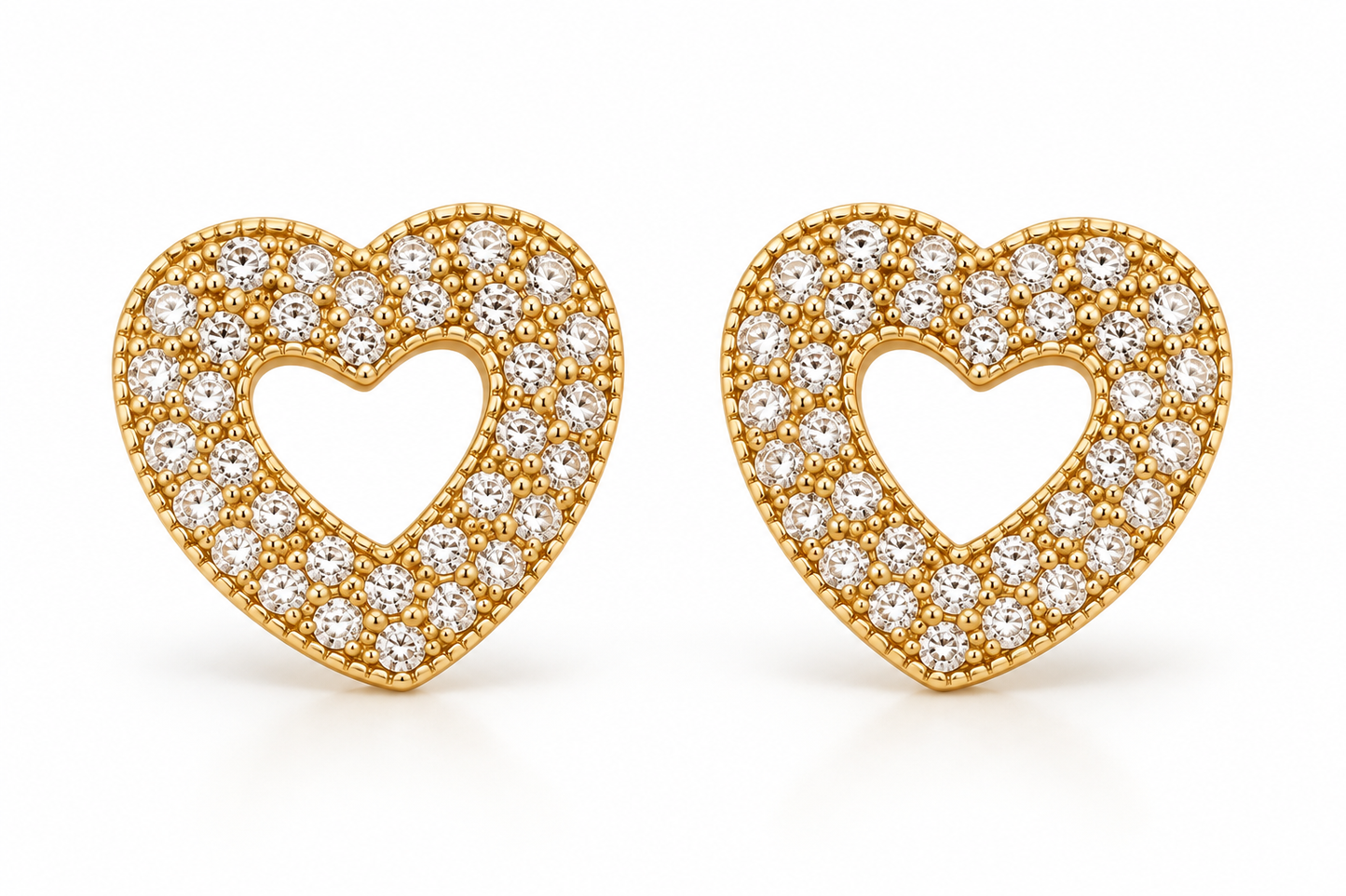 Luxury Gold Plated Heart Stud Earrings with Sparkling Cubic Zirconia – Elegant Pavé Open Heart Design, Women's Jewellery, Romantic Gift for Her