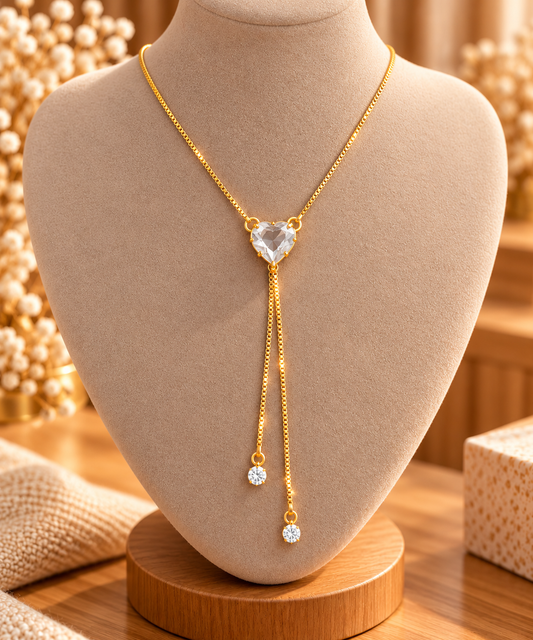 18K Gold Plated Clear Crystal Heart Necklace – Elegant Y Lariat Double Drop Pendant, Dainty Gold Jewellery, Gift for Her
