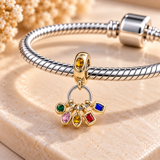 Gold Tone Multicolour Crystal Dangle Charm – Silver Ring with Five Colourful Pendants – Bracelet Bead Jewellery