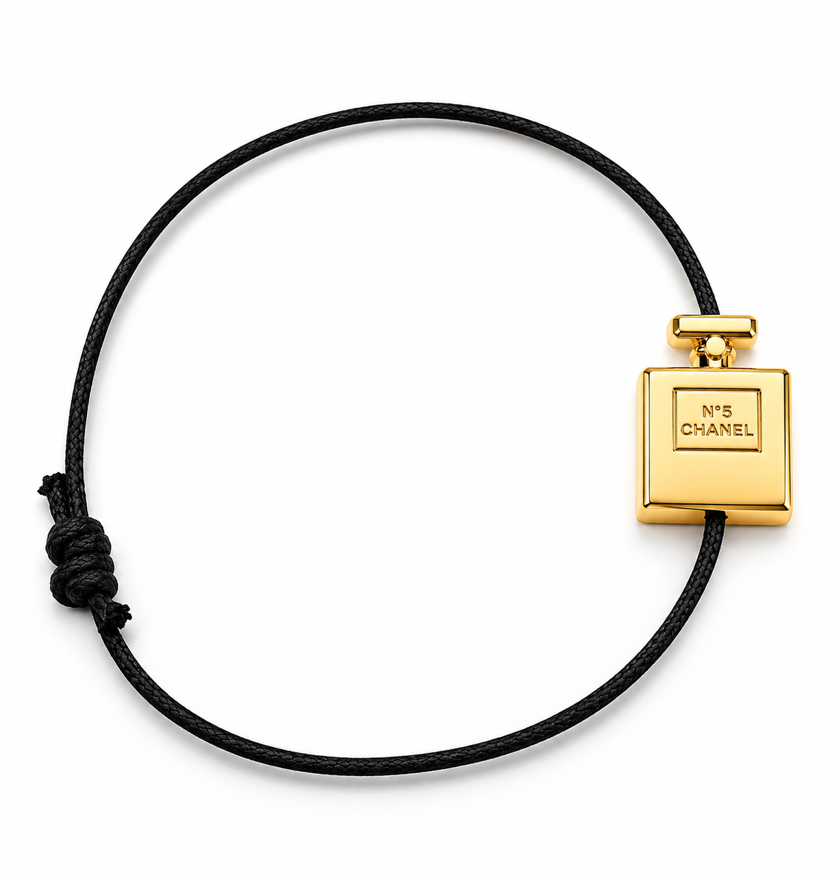 Chanel N°5 Inspired Black Cord Bracelet with Gold Tone Perfume Bottle Charm – Adjustable Minimalist Bracelet, Elegant Women's Jewellery Gift