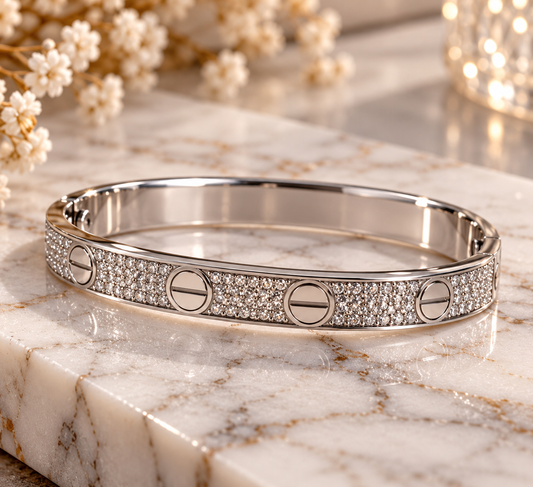 Luxury Silver-Tone Crystal Bangle Bracelet with Screw Design – Elegant Women's Bracelet with Mini Screwdriver