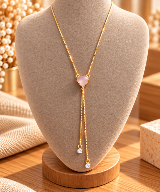 18K Gold Plated Light Rose Heart Necklace – Pink Crystal Y Lariat Pendant, Double Drop Chain, Elegant Jewellery Gift for Her