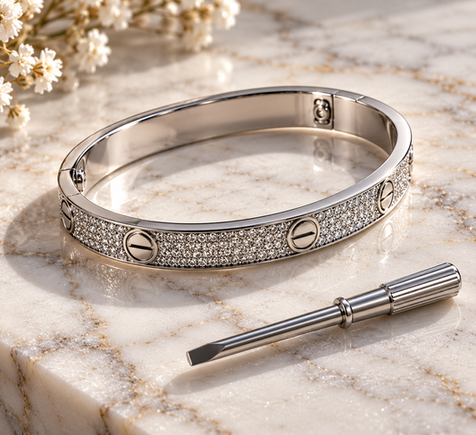 Luxury Silver-Tone Crystal Bangle Bracelet with Screw Design – Elegant Women's Bracelet with Mini Screwdriver