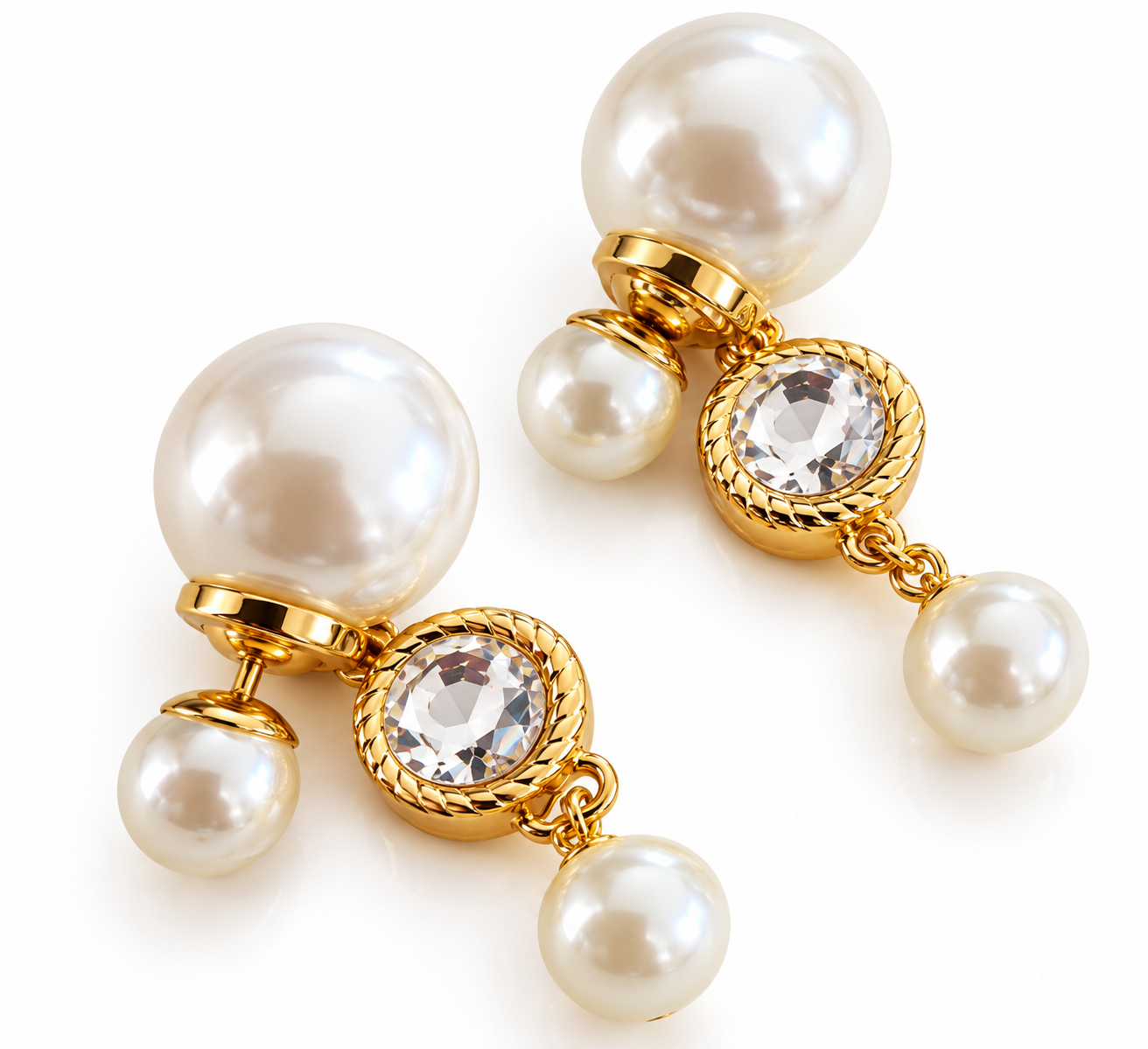 Elegant Pearl Front & Back Earrings – Gold Tone Crystal Drop Earrings, Double Pearl Statement Jewellery, Vintage Inspired Bridal Earrings