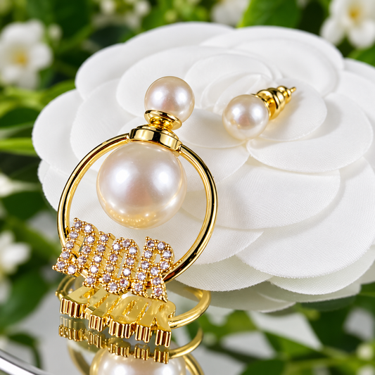 Luxury Gold-Tone Pearl Hoop Earrings with Sparkling Crystal Logo – Elegant Statement Jewelry