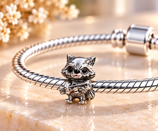 Cute Raccoon Charm Bead – Silver Tone Woodland Animal Jewellery, Adorable Raccoon Bracelet Charm, Gift for Animal Lovers