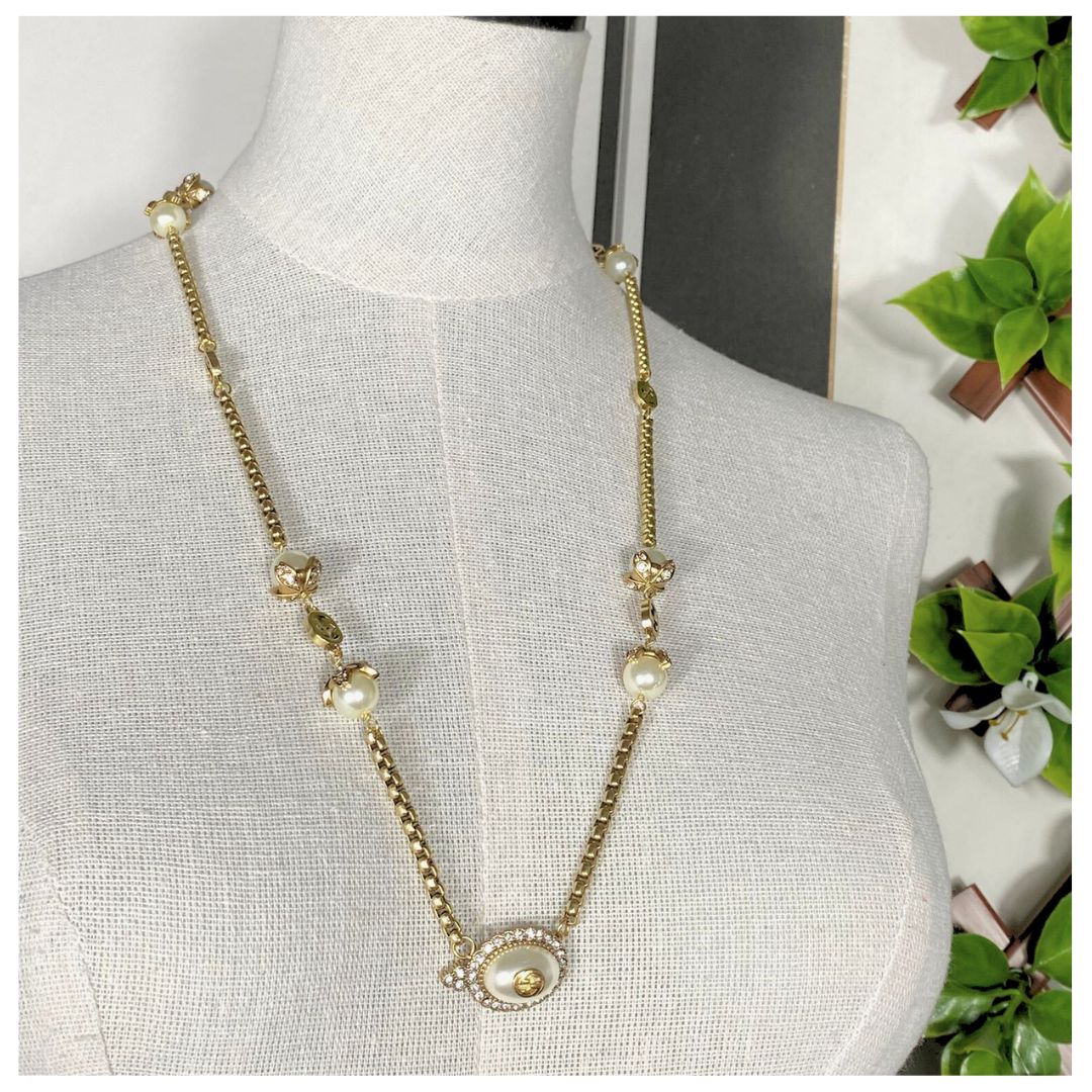 Antique gold Long necklace with pearl details ,Damen Antique gold ketten