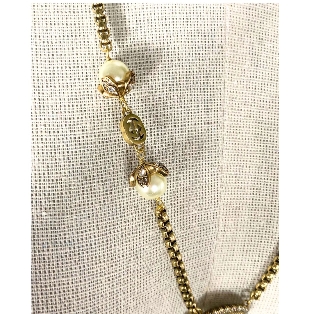 Antique gold Long necklace with pearl details ,Damen Antique gold ketten