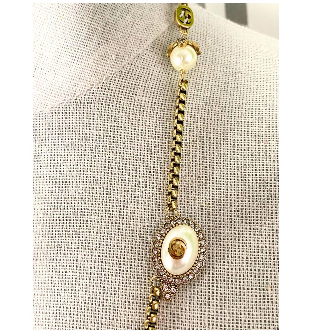 Antique gold Long necklace with pearl details ,Damen Antique gold ketten