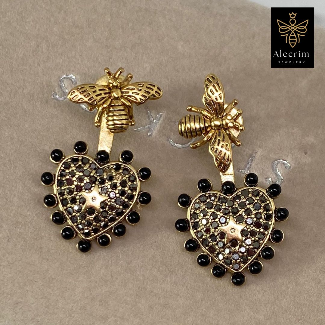 Damen Antik Gold Ohrring, Black Stones, Bee Details