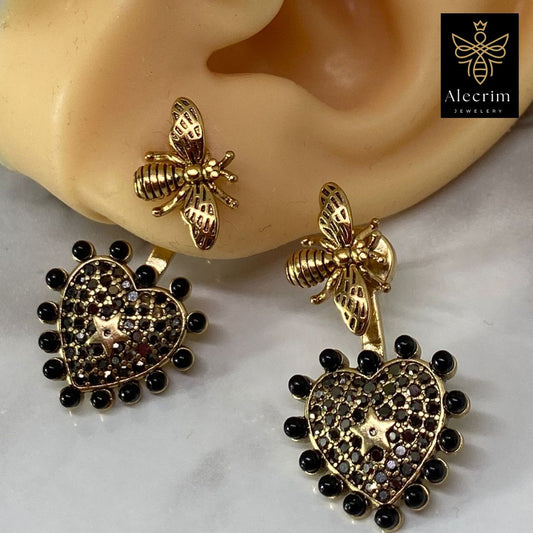 Damen Antik Gold Ohrring, Black Stones, Bee Details