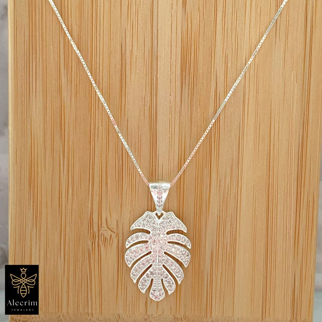 Halskette aus 928er Sterlingsilber Damen Blatt mit Zirkonia necklace