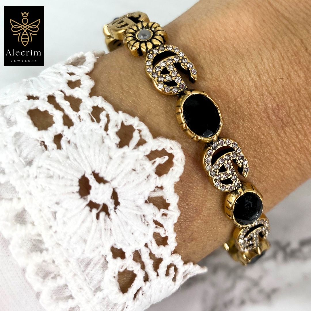Antik gold Bracelet With Flowers Details damen Armband