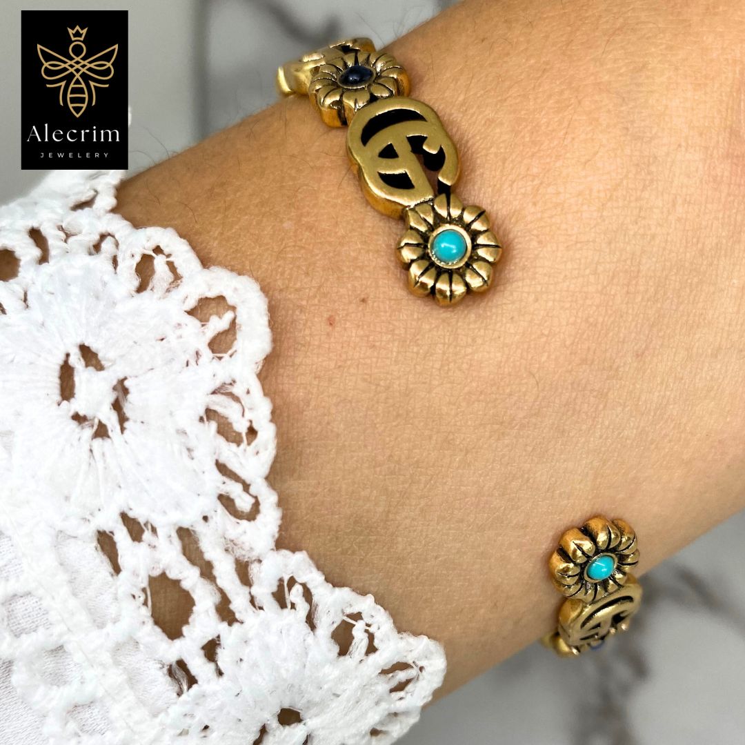 Antik gold Bracelet With Flowers Details damen Armband