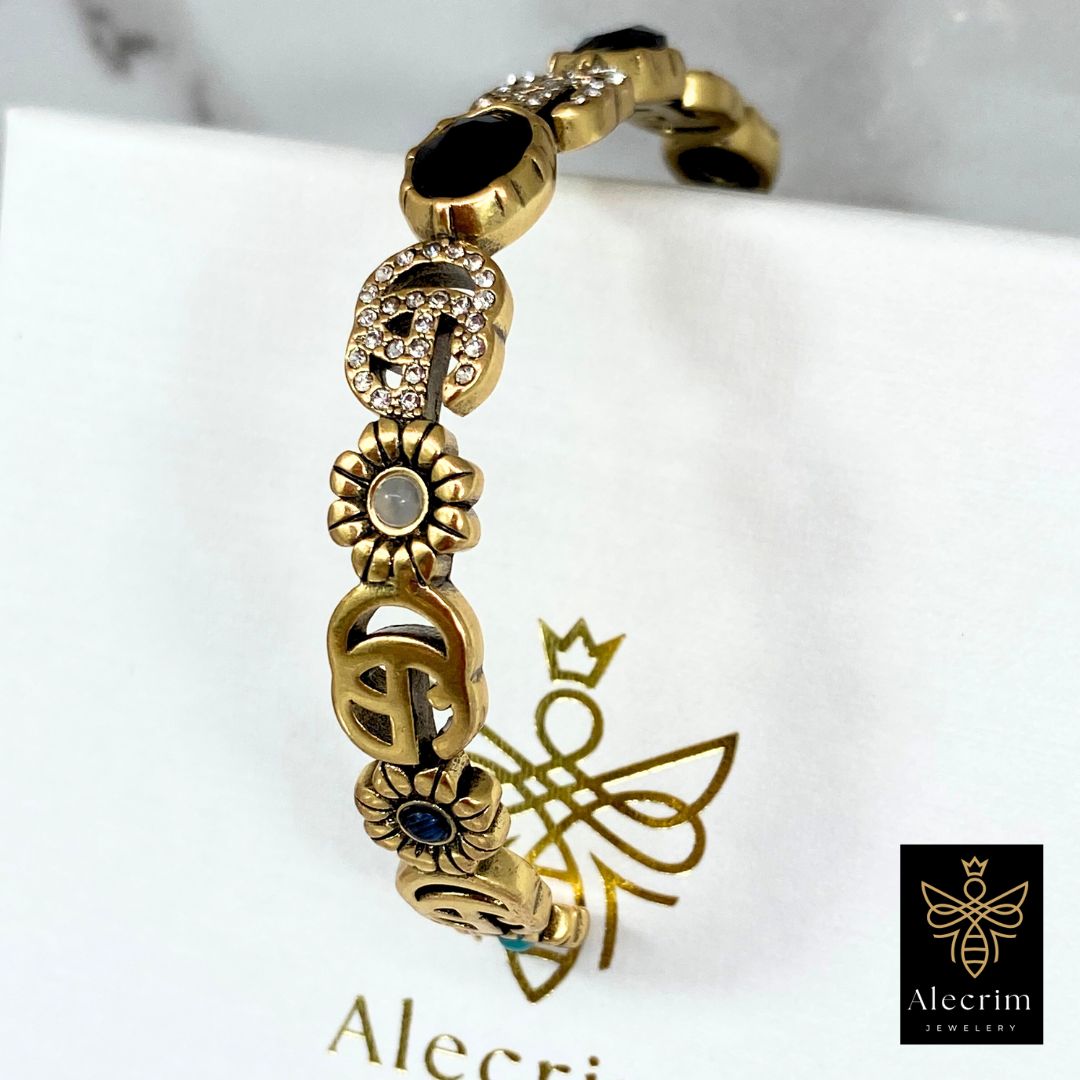 Antik gold Bracelet With Flowers Details damen Armband