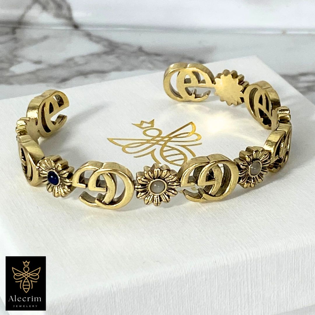 Antik gold Bracelet With Flowers Details damen Armband