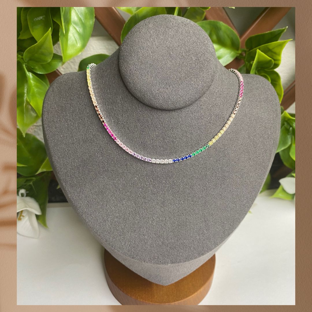 Choker-Halskette aus 925er Sterlingsilber mit bunt Strasssteinen 40cm