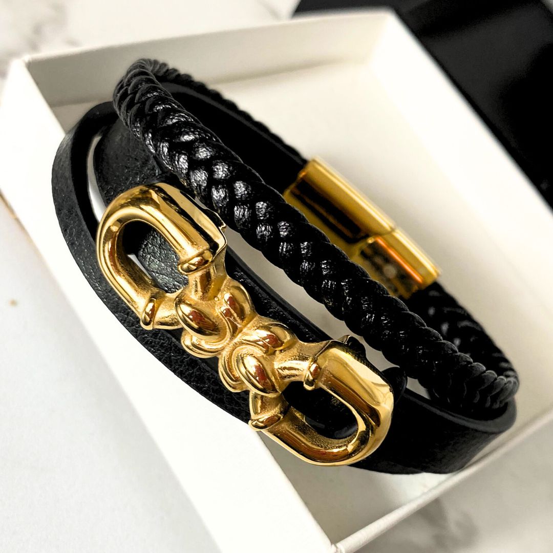 Herren-Frau lederarmband 16 cm, Golde Details