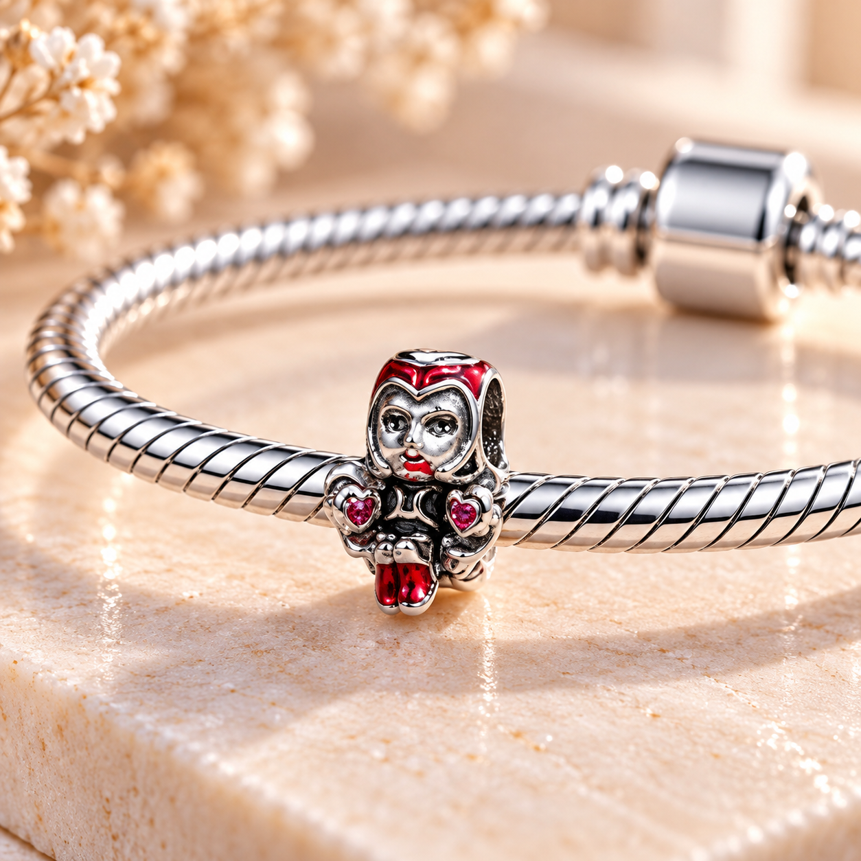 Queen of Hearts Charm Bead – Red Enamel Silver Tone Fairy Tale Character Charm, Pink Heart Details, Bracelet Jewellery Gift for Her