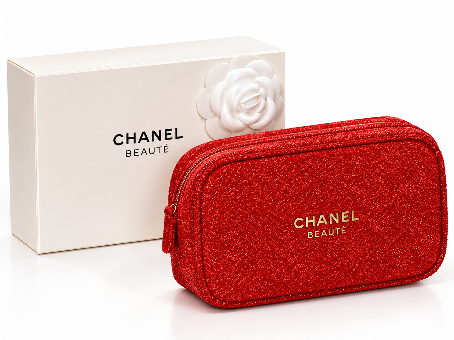 Luxury Red Glitter Cosmetic Bag + 3 Mystery Beauty Gifts – Surprise Makeup & Skincare Set, Beauty Gift for Her