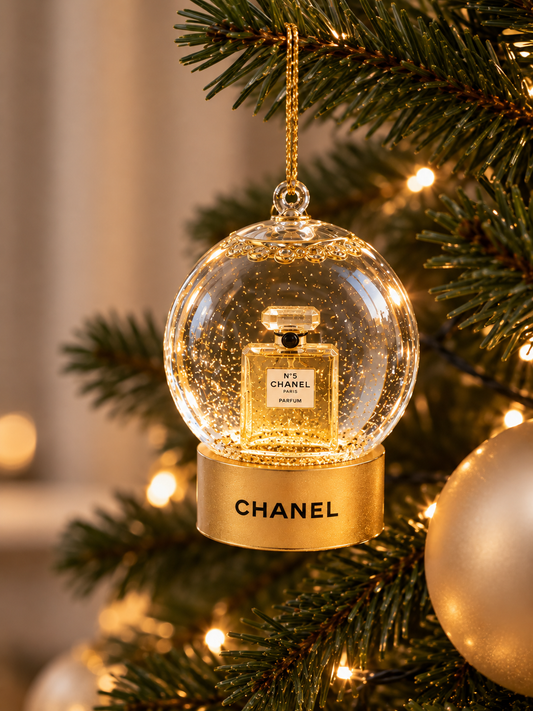 CHANEL N°5 Gold Christmas Tree Ornament – Luxury Mini Snow Globe Bauble, Elegant Hanging Xmas Decoration, Designer Perfume Bottle Collectible, Festive Home Décor & Gift for Her