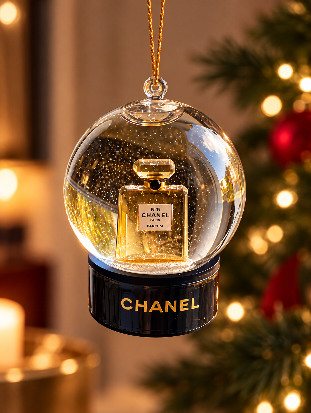 CHANEL N°5 Christmas Tree Ornament – Luxury Mini Snow Globe Bauble, Designer Perfume Bottle Decoration, Elegant Hanging Xmas Tree Décor, Collectible Christmas Ornament, Festive Home Decoration & Gift for Her