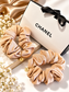 CHANEL Luxury Hair Scrunchies Set of 2 – Elegant Champagne Gold Hair Accessories with CC Charms & Gift Box