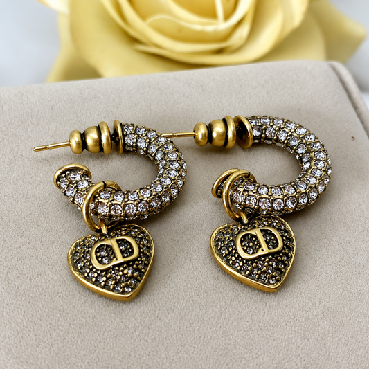 Luxury Antique Gold Crystal Hoop Earrings for Women – Vintage Heart Charm Earrings | Elegant Statement Jewelry