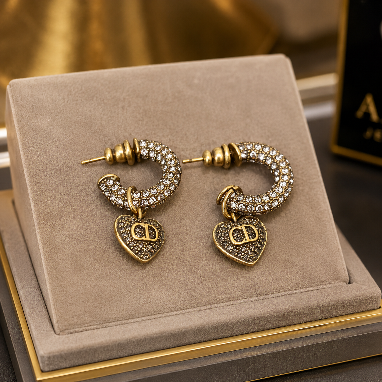 Luxury Antique Gold Crystal Hoop Earrings for Women – Vintage Heart Charm Earrings | Elegant Statement Jewelry