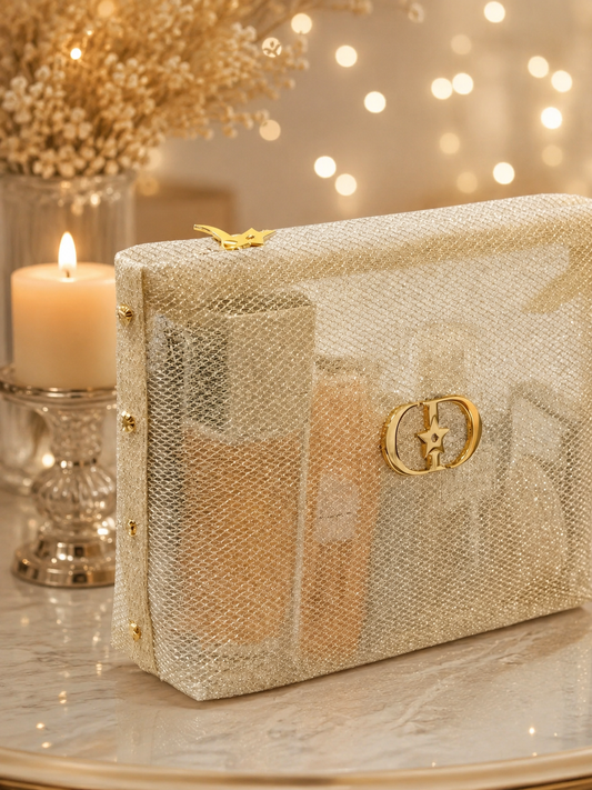 Dior Beauty 2026 Limited Edition Gold Mesh Cosmetic Bag – Luxury VIP Gift Pouch