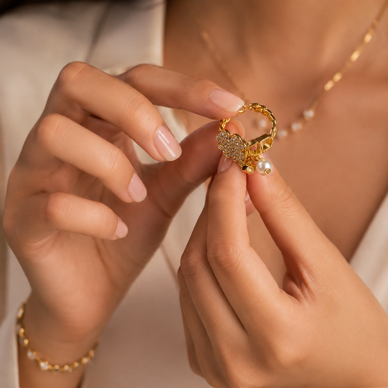 18K Gold-Plated Zirconia Ring for Women – Elegant Adjustable Statement Ring