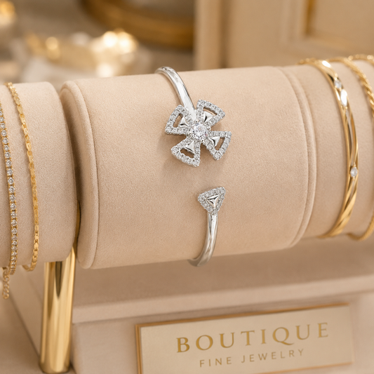 **925 Sterling Silver Flower Bracelet for Women – Elegant Floral Bangle with Sparkling Zirconia | Luxury