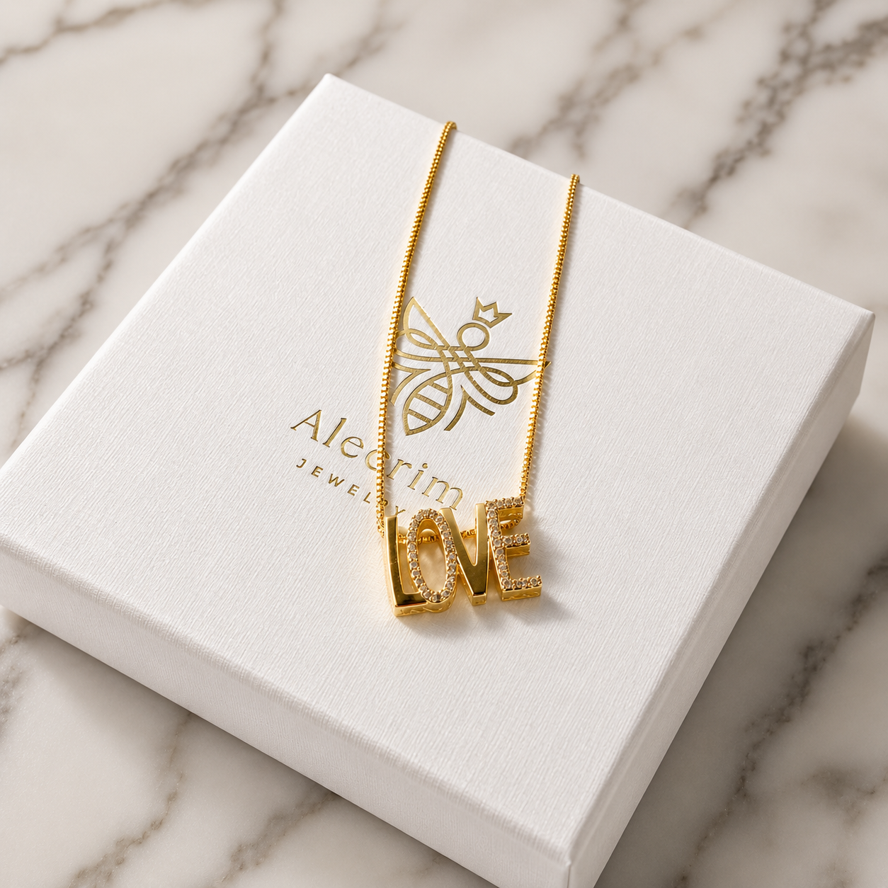18K Gold-Plated LOVE Necklace – Elegant Crystal Letter Pendant for Women