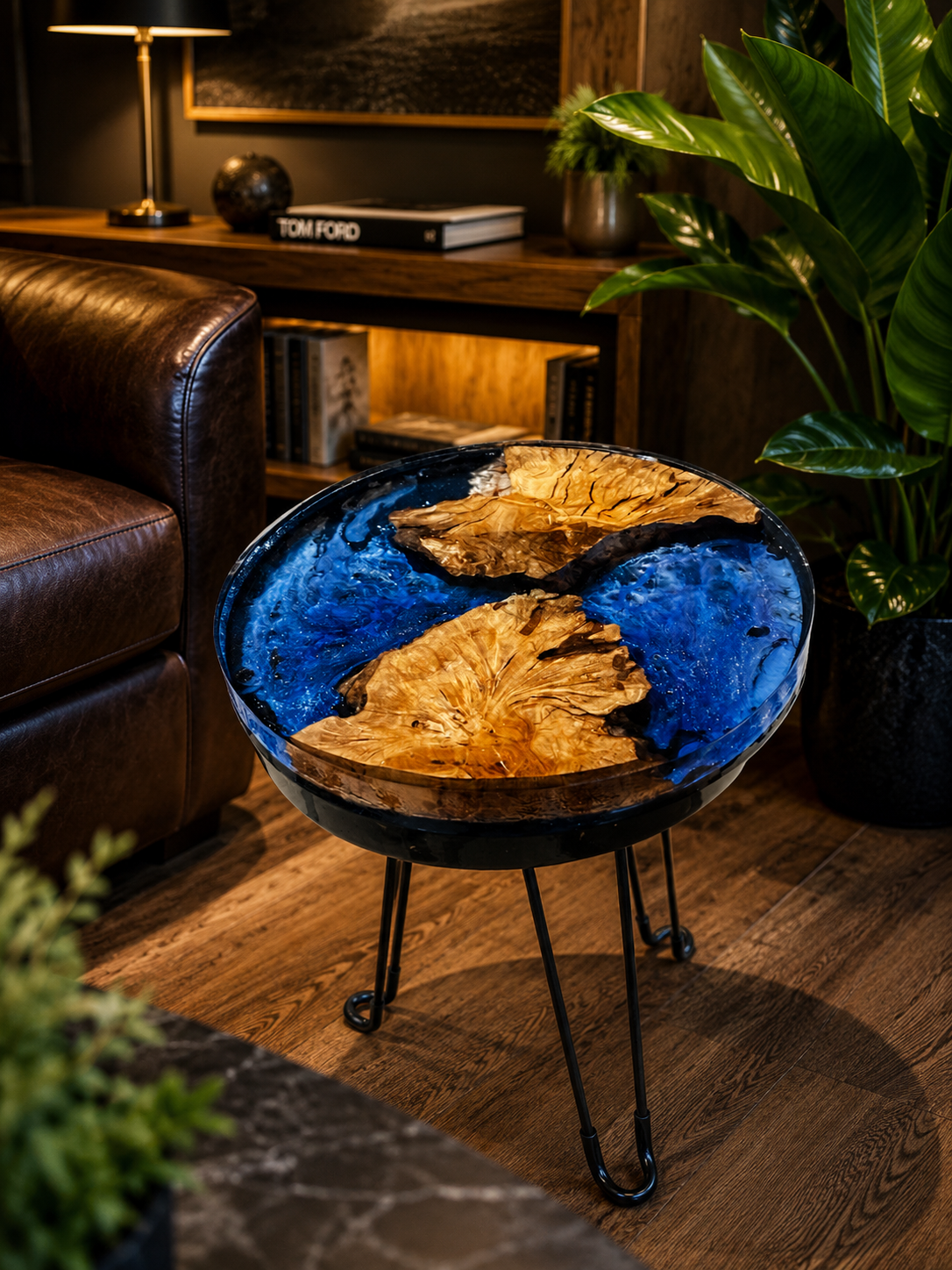 Handcrafted Epoxy Resin Side Table with Natural Olive Wood