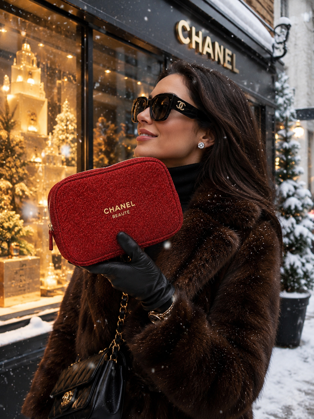 Chanel  Luxury Red Glitter Makeup & Cosmetic Bag