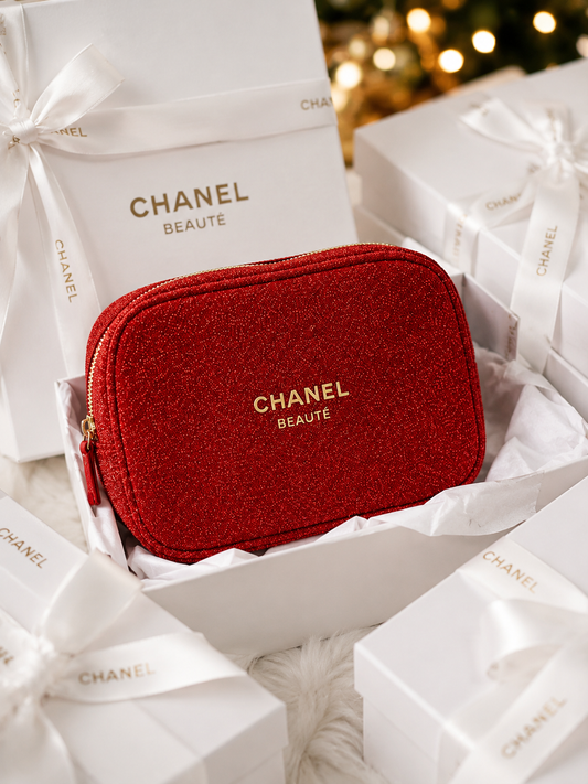 Chanel  Luxury Red Glitter Makeup & Cosmetic Bag