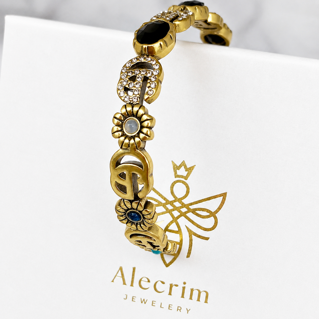 Luxury Antique Gold Floral Bracelet for Women – Vintage Black Stone & Crystal Statement Bracelet | Elegant Fashion Jewelry