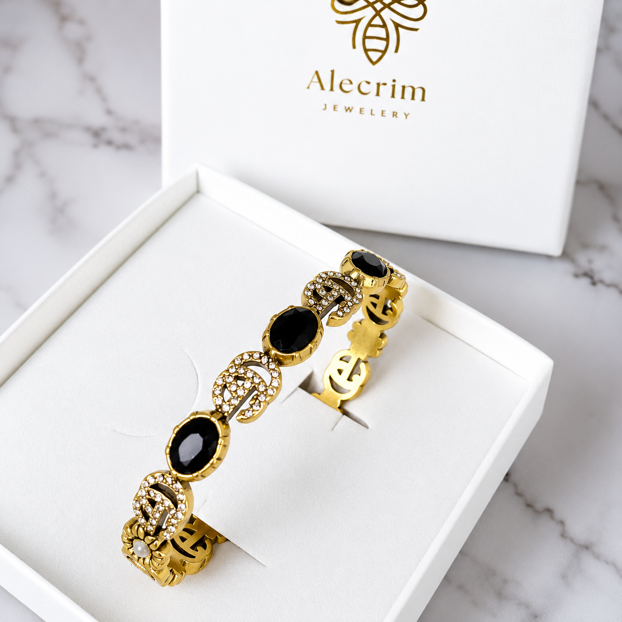 Luxury Antique Gold Floral Bracelet for Women – Vintage Black Stone & Crystal Statement Bracelet | Elegant Fashion Jewelry